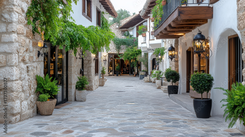 Fototapeta premium Rustic European street with vintage lanterns and stone buildings, creating charming atmosphere