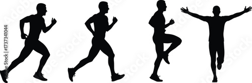 Silhouette, runner, athlete, motion, posture, jog, sprint, jump, celebration, sport, vector, icon, black, minimal, dynamic, performance, fitness, training, action, illustration