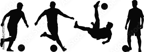Silhouette, soccer, player, kick, dribble, bicycle, ball, sport, motion, posture, athlete, vector, icon, black, minimal, dynamic, performance, jump, action, illustration