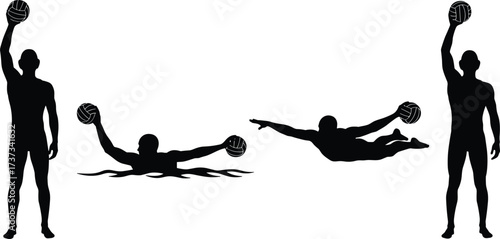 Silhouette, volleyball, water sport, athlete, motion, jump, swim, throw, posture, ball, vector, icon, black, minimal, dynamic, performance, action, sport, illustration, aquatic