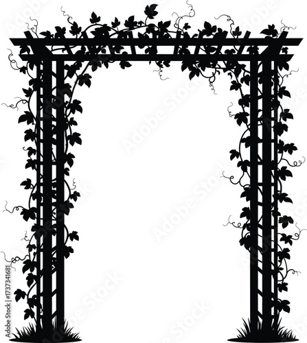 Silhouette of a gothic garden archway covered in climbing vines and leaves silhouette flat design vector illustration white background