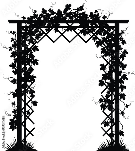 Silhouette of a romantic garden archway covered in lush greenery and flowering vines silhouette flat design vector illustration white background