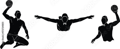 Silhouette, water polo, athlete, sport, motion, swimming, ball, cap, action, dynamic, vector, icon, black, minimal, throw, dive, posture, performance, aquatic, illustration