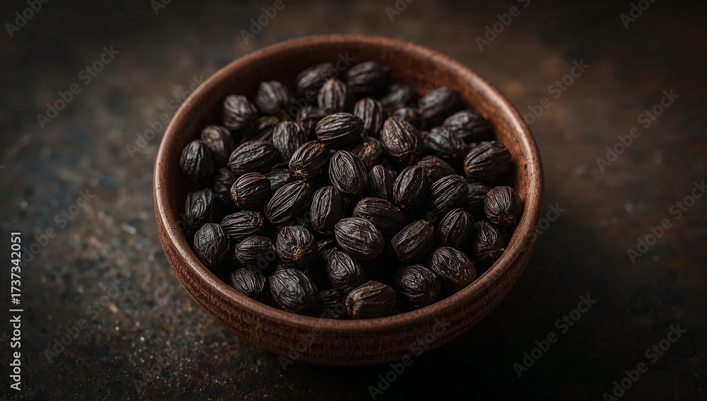 Fototapeta premium Roasted Coffee Beans in Wooden Bowl on Dark Background