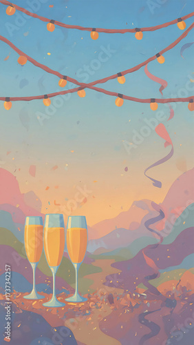 A Toast to Celebration Three Flutes of Champagne Glisten Under Festive String Lights Over a Colorful, Dreamy Landscape