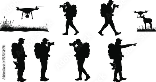 Outdoor photography silhouettes, drone with wildlife, nature documentation, photographer with