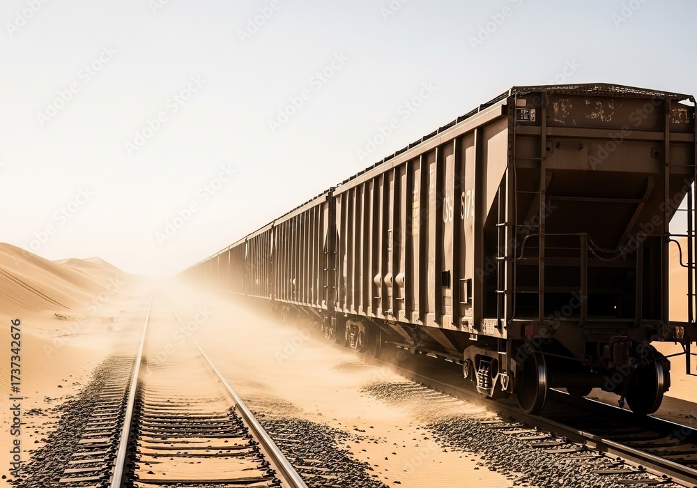 Obraz premium Freight train in desert storm with sand whipping against steel wagons, visibility reduced to faint outlines in harsh weather cinematic cargo transport railway scene
