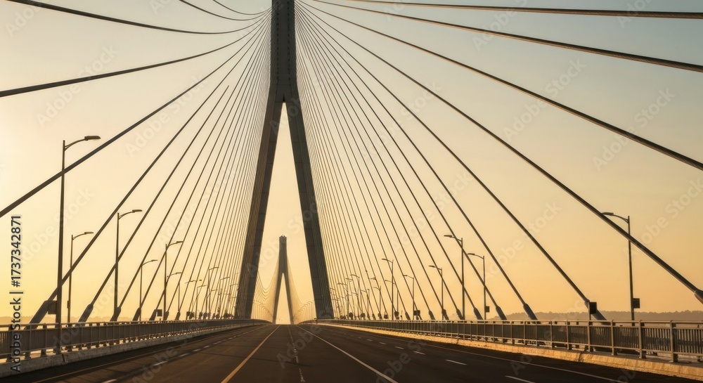 Fototapeta premium Cable-stayed bridge at dawn. Perspective of road through bridge