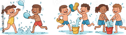 Happy children playing with water balloons and sponges around buckets on a sunny day, enjoying a fun summer activity with laughter and splashing water.
