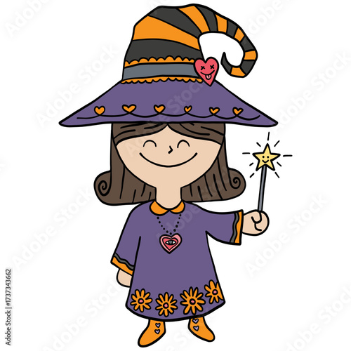 halloween festival. Cute cartoon girl in a witch costume holding a magic wand. retro trendy groovy halloween illustration in doodle pastel color line style
