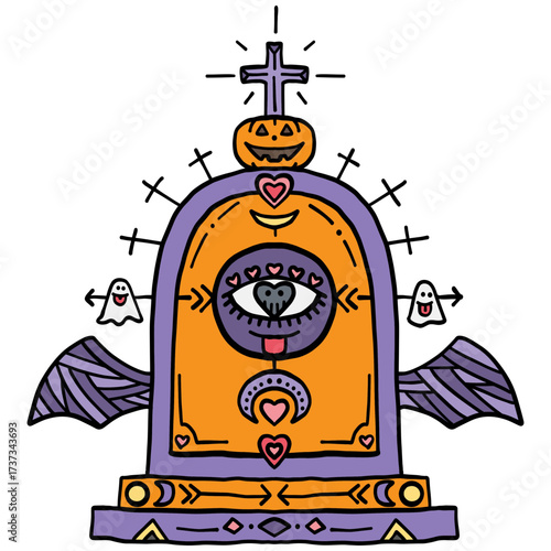 halloween festival. Colorful Halloween-themed gravestone with ghostly elements and a cross. retro trendy groovy halloween illustration in doodle pastel color line style