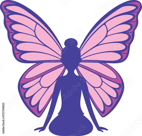 Vector art of silhouette of a fairy with large pink and purple butterfly wings