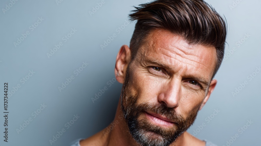 Fototapeta premium Beauty portrait of a man with clear skin and stylish haircut against a neutral background