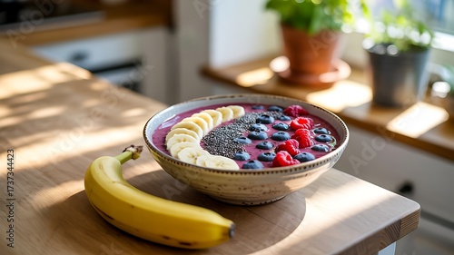 Fototapeta Naklejka Na Ścianę i Meble -  Vibrant healthy smoothie bowl with fresh fruits and banana for a nutritious breakfast