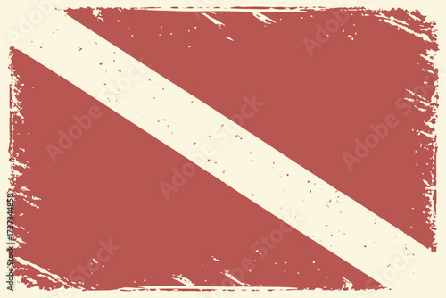 Vector art of distressed scuba diving flag with a vintage grunge texture and a white diagonal stripe