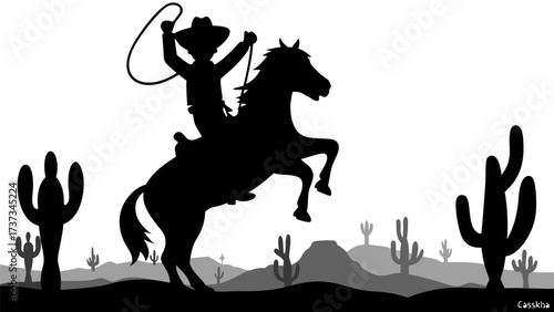 Wild west adventure silhouetted cowboy riding horse with lasso in desert landscape with cacti