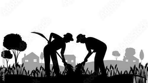 Farmers harvesting wheat in rural silhouette, evokes tradition and harvest season, simple life, vector