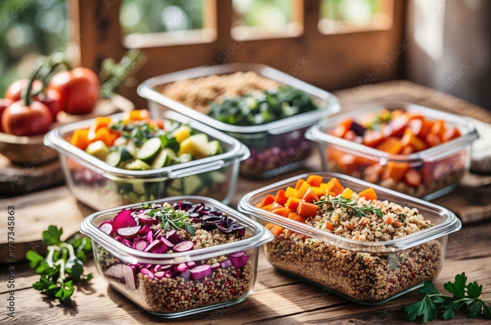 Fototapeta premium fresh vegetables in a market, Glass containers are filled with colorful fruit and grain salads, arranged on a wooden surface. 