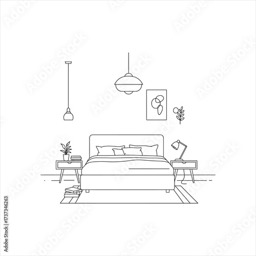 Elegant bedroom interior design with minimalist line art aesthetic creating a modern restful vibe for a calming serene space and promotes relaxation