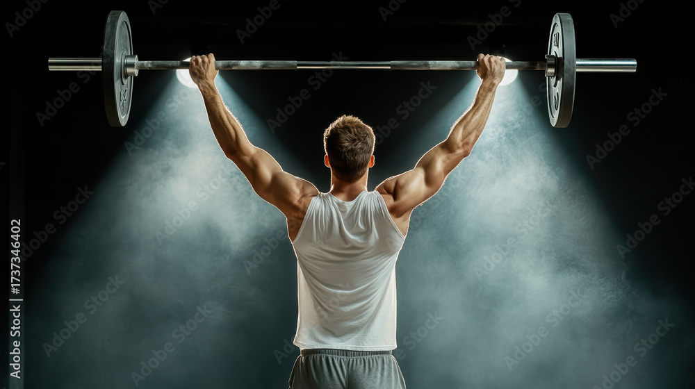 Naklejka premium Weightlifter raising barbell overhead dramatic lighting, showcasing strength and determination