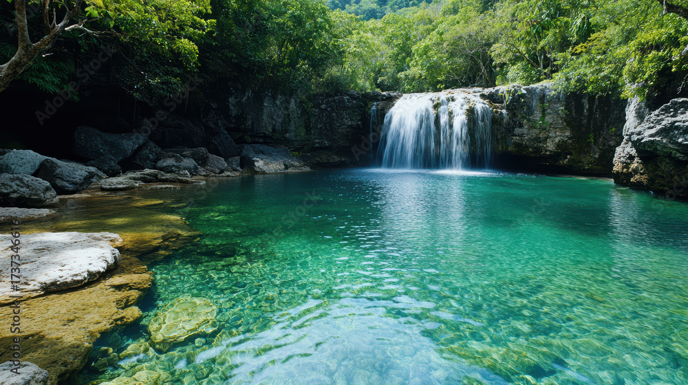 Naklejka premium Cascading waterfall flowing into serene emerald pool surrounded by lush greenery