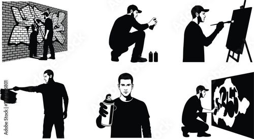 Graffiti artist silhouettes, street art painting, spray paint activity, mural creation, urban art