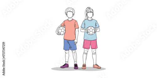 Minimal line art and flat color illustration of a boy and a girl holding soccer balls, wearing sports uniforms. Concept of children playing football