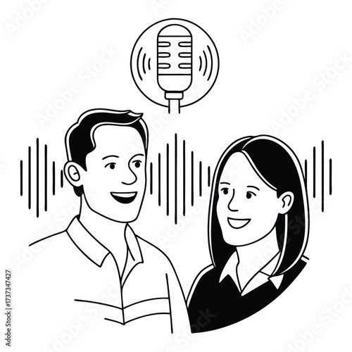 Two smiling people engaged in a conversation or interview with a vintage microphone and sound wave illustration representing audio recording or podcasting
