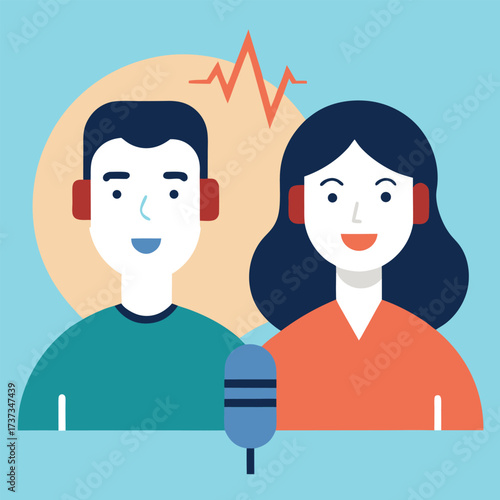 Two smiling people wearing headphones in front of a microphone with a sound wave graphic above them representing audio recording or podcasting