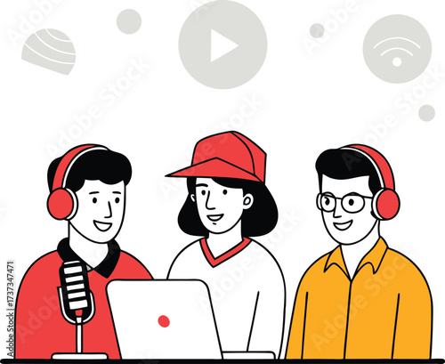 Diverse group of three young people wearing headphones and caps collaborating on a podcast or online broadcast with a laptop and microphone in a modern studio setting