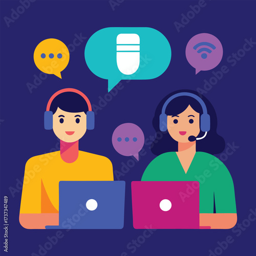 Diverse team of customer service representatives wearing headsets and working on laptops with speech bubbles indicating communication and online connectivity