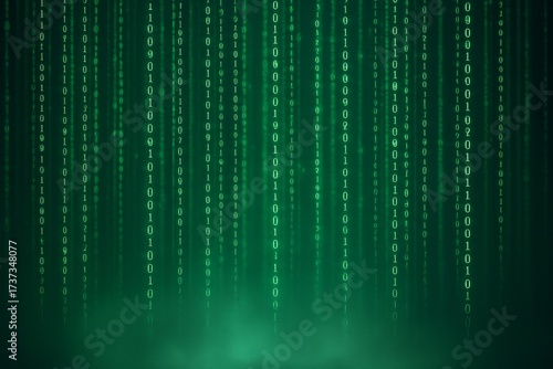 Glowing green binary code streams on digital abstract background with futuristic light effect and copyspace for tech or cybersecurity concepts. Ai generative