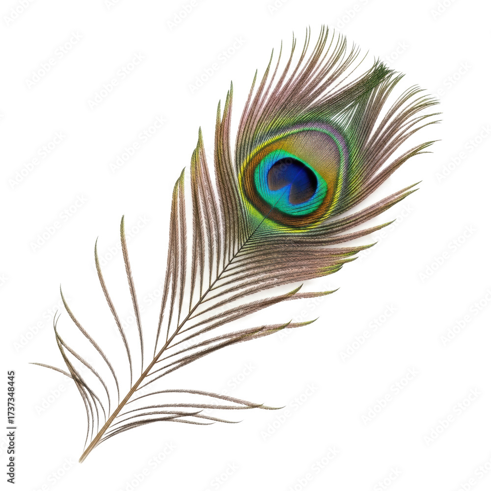 Obraz premium Perfectly preserved peacock feather, vibrant iridescent blue, green, brown 'eye' pattern, intricate texture, tilted diagonally on transparent background, no shadows, top-down, natural beauty concept