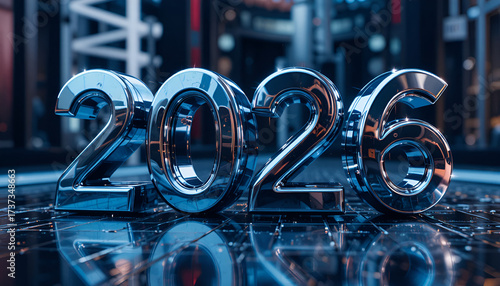 Futuristic cityscape with neon glowing 2026 numbers