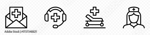 Hospital and medical nurse icon set. Containing hospital, drug, heart beat, doctor, stethoscope, ambulance, medical bed and more, vector illustration