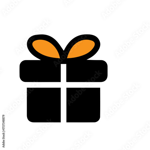Isolated vector icon of a black gift package with a bright orange bow. A simple graphic symbol for celebration, birthday, or a special surprise present