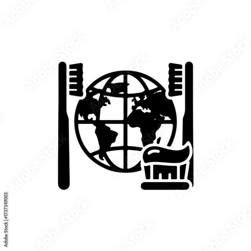 Global Oral Health Icon. A striking black and white vector featuring the Earth globe centered between an oversized toothbrush and toothpaste tube flanking or protecting it