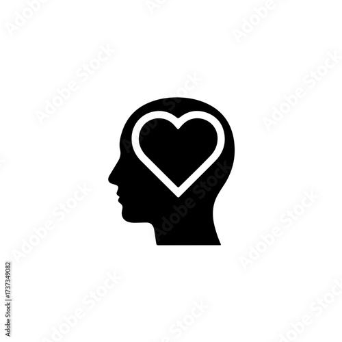 Compassionate black and white icon combining a human head profile silhouette with a heart shape overlaid or integrated into the mind/brain area. This minimalist vector symbol represents empathy