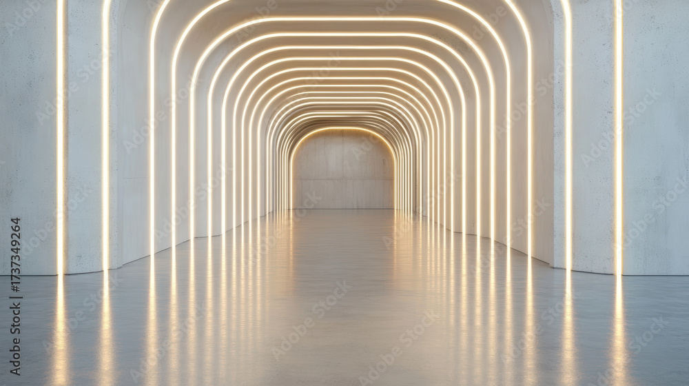 Obraz premium Futuristic tunnel with glowing lights and smooth concrete walls creates serene atmosphere