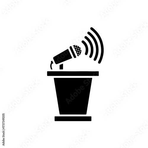 Powerful black and white vector icon of a speaker's podium (or lectern) topped with a microphone. Bold, stylized sound waves radiate outwards, clearly symbolizing a public address, announcement
