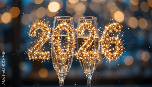 Sparkling champagne glasses with golden 2026 celebration numbers