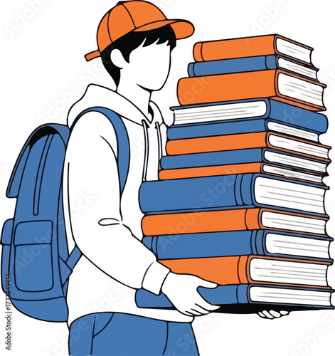 Illustration of student carrying a large stack of books isolated on white background