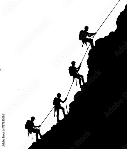 Team of Climbers Ascending a Rocky Cliff Silhouette"