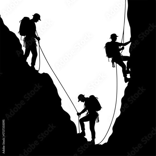 Team of Climbers Ascending a Rocky Cliff Silhouette"