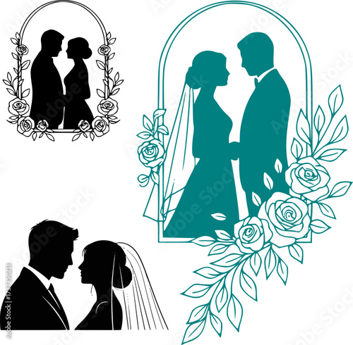Wedding Silhouette Romance, Floral Union silhouette of bride and groom