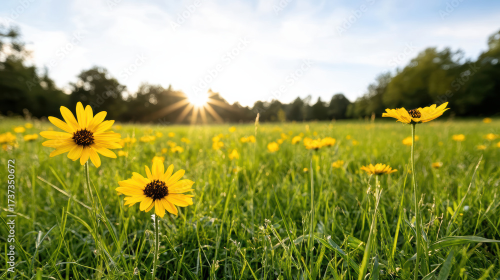 Fototapeta premium Beautiful spring meadow with vibrant yellow flowers and sunlight shining through trees