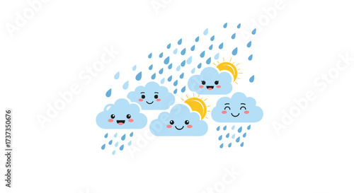 Cute smiling rain clouds with sun and raindrops falling down gently.