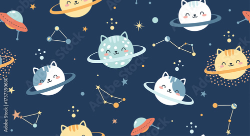 Cute cats and planets in outer space with constellations and UFOs