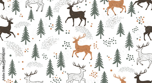 A seamless pattern of deer and pine trees in a winter forest scene.