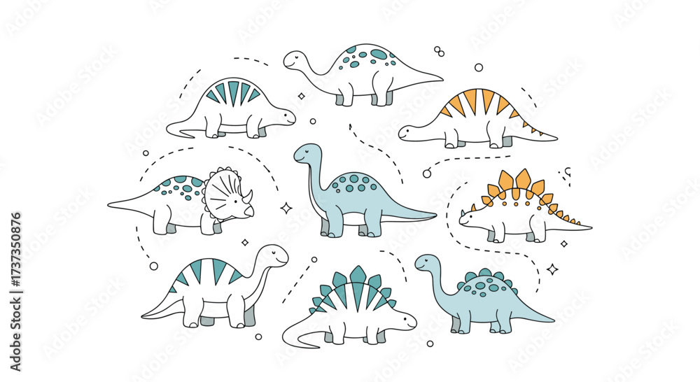 Fototapeta premium A charming circular arrangement of cute cartoon dinosaurs in pastel colors.